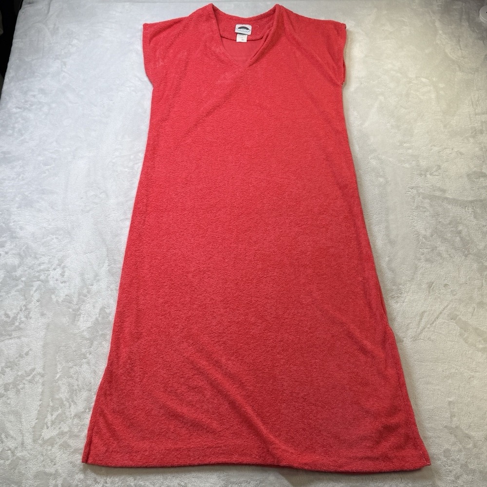 Vintage 70s Terry Cloth Maxi Dress Rainbow Tag USA Made Red Beach Small Cover Up